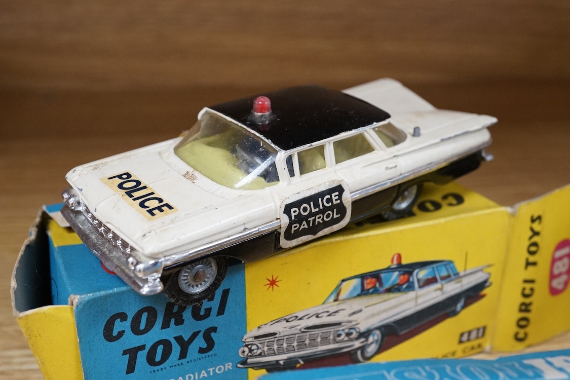 Nine boxed Corgi Toys; Land Rover with Ferrari Racing Car on Trailer (GS No.17), Land Rover (438), Lotus-Climax F1 (158), Cooper-Maserati F1 (159), Chevrolet Fire Chief’s car (482), Chevrolet Police Car (481), MGB GT (32